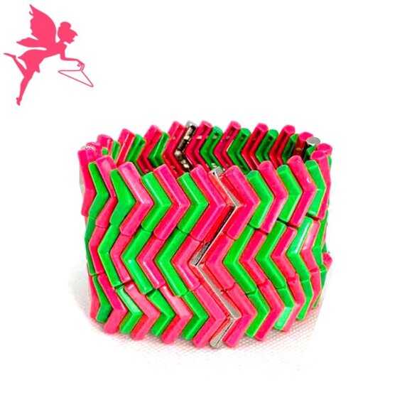 Vintage Jewelry - VINTAGE 1980s Neon Zigzag Candypop Elastic Bracelet